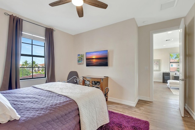 bedroom featuring ceiling fan and light wood-type flooring