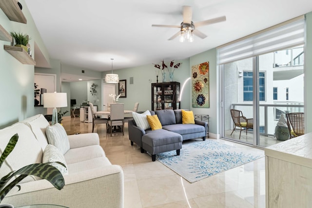 living room featuring ceiling fan