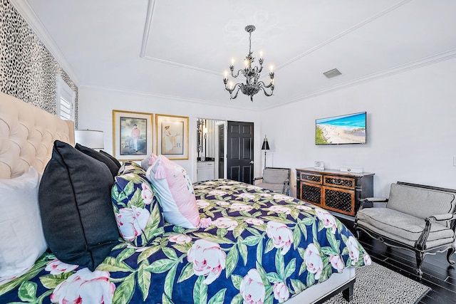 bedroom featuring an inviting chandelier and crown molding