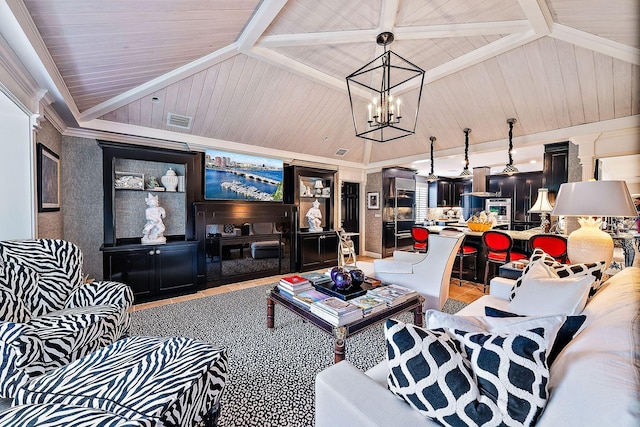 living room with ornamental molding, lofted ceiling, wood ceiling, and an inviting chandelier