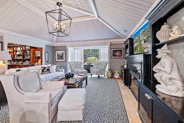 living room featuring an inviting chandelier, wood ceiling, and vaulted ceiling