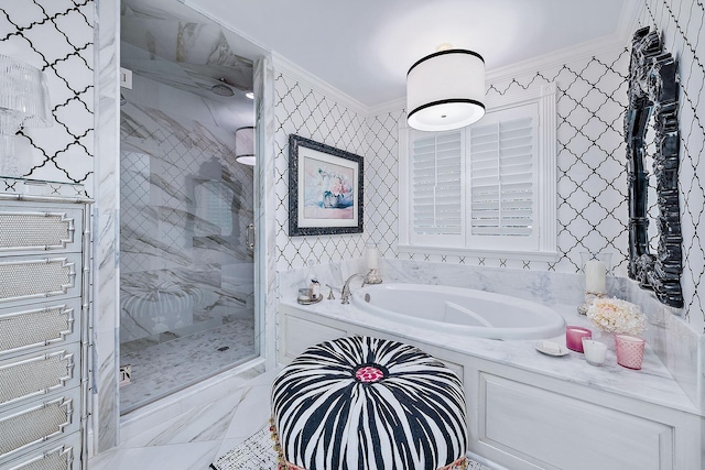 bathroom featuring crown molding and independent shower and bath