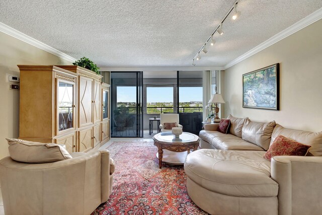 living room with rail lighting, crown molding, light tile patterned floors, and a textured ceiling