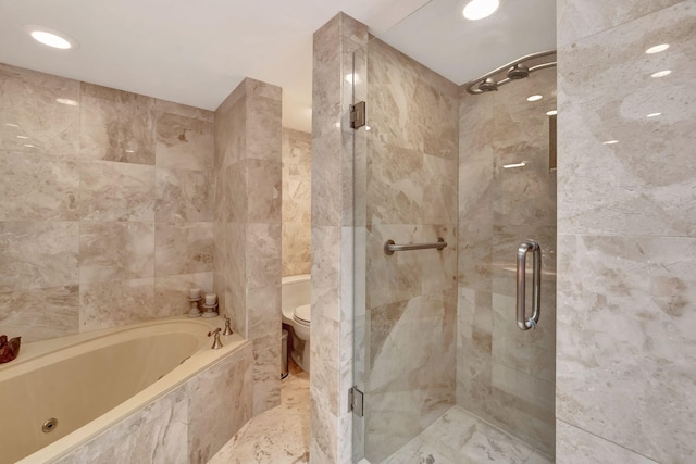 bathroom with separate shower and tub, tile walls, and toilet