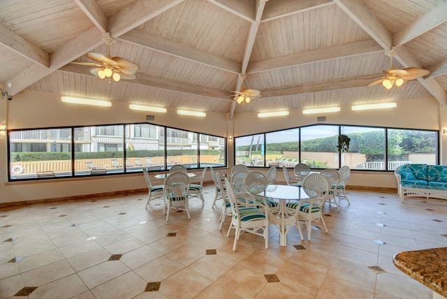 unfurnished sunroom featuring ceiling fan, lofted ceiling with beams, and wooden ceiling