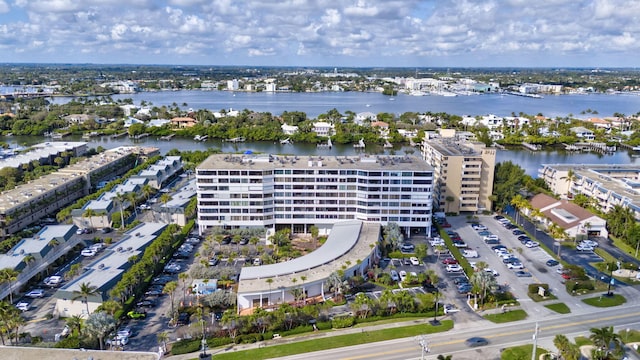 bird's eye view with a water view