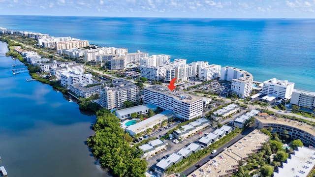 aerial view featuring a water view