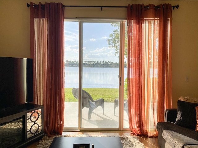 entryway with a water view