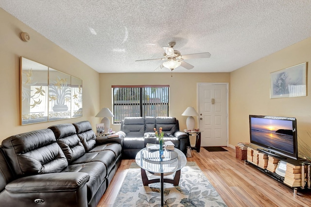 living room featuring ceiling fan, a textured ceiling, and light hardwood / wood-style flooring