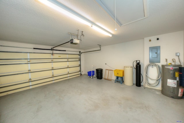 garage featuring a garage door opener, electric panel, and water heater