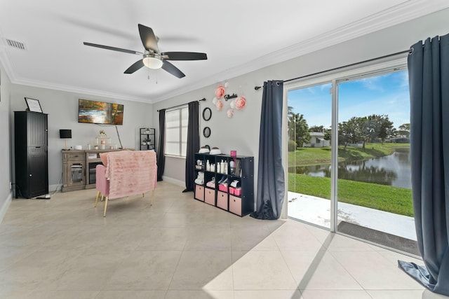 tiled living room featuring a water view, ceiling fan, and ornamental molding