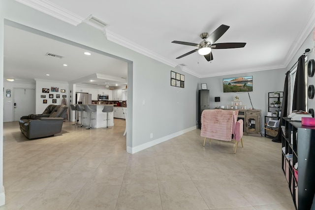 interior space featuring crown molding and ceiling fan