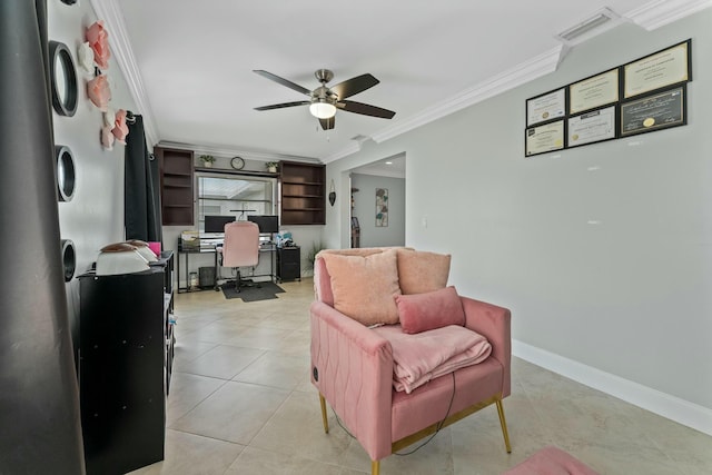 interior space featuring light tile patterned floors, ornamental molding, and ceiling fan