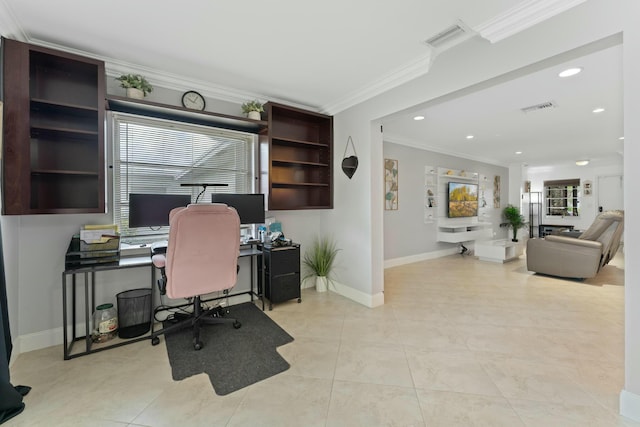 office space featuring ornamental molding and light tile patterned flooring