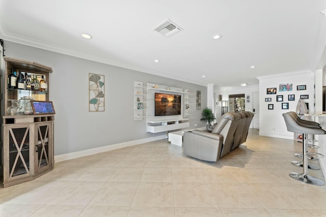 living room featuring light tile patterned floors and crown molding