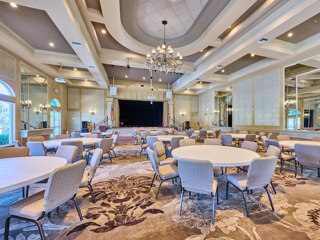 dining space with a high ceiling, crown molding, coffered ceiling, and a notable chandelier