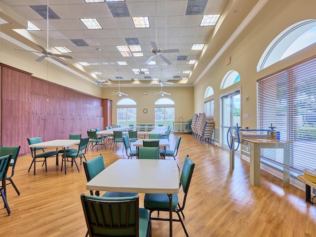 dining area featuring a drop ceiling, light wood-type flooring, and a high ceiling