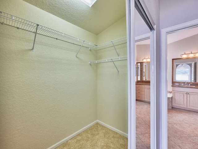 spacious closet with lofted ceiling and sink