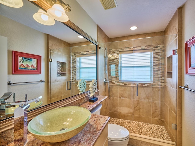 bathroom with vanity, toilet, and a shower with shower door