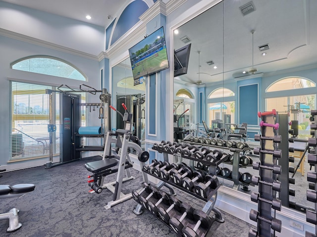 workout area featuring a high ceiling and crown molding