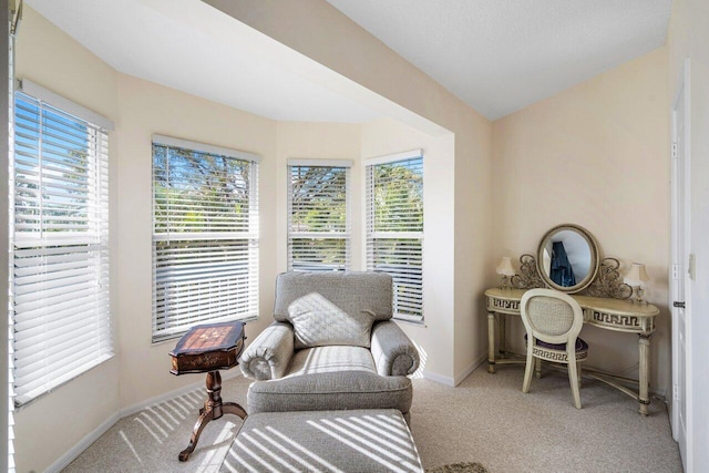 living area featuring light carpet