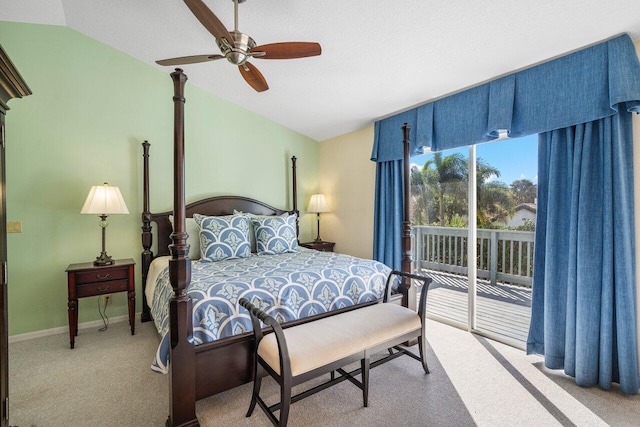 bedroom featuring light colored carpet, vaulted ceiling, a textured ceiling, access to outside, and ceiling fan