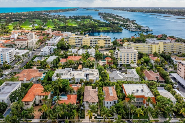 drone / aerial view with a water view