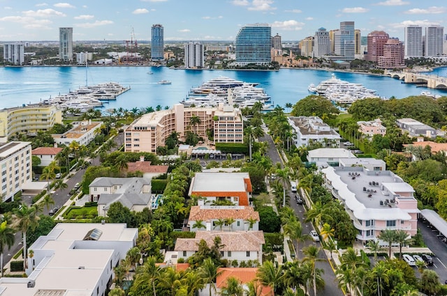 birds eye view of property featuring a water view