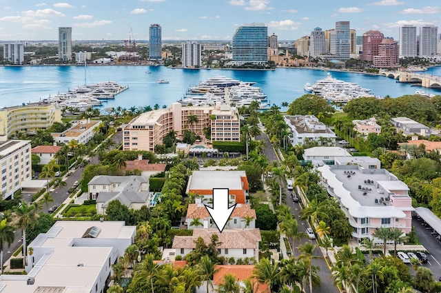 drone / aerial view featuring a water view