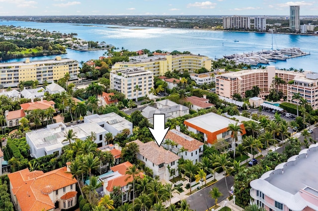 drone / aerial view featuring a water view