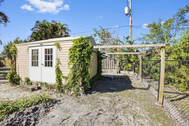 exterior space with an outbuilding