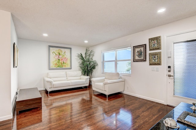 living room featuring a textured ceiling and dark hardwood / wood-style flooring