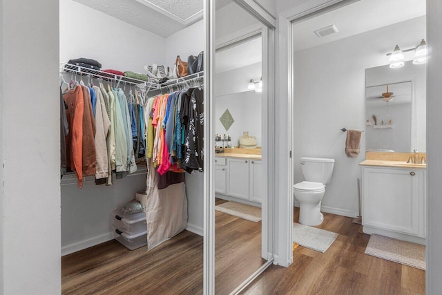 bathroom featuring vanity, toilet, and wood-type flooring