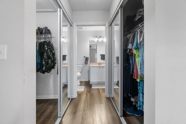 walk in closet featuring sink and dark hardwood / wood-style floors