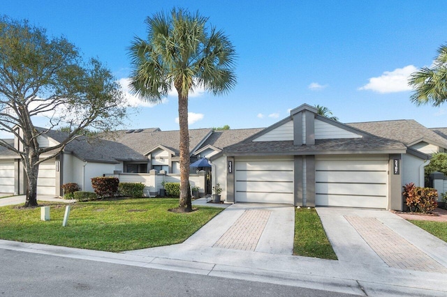 ranch-style house featuring a garage and a front lawn