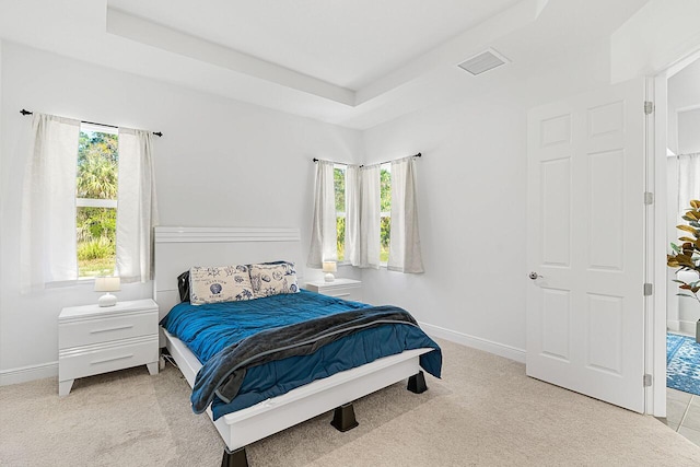 bedroom featuring a raised ceiling and light carpet