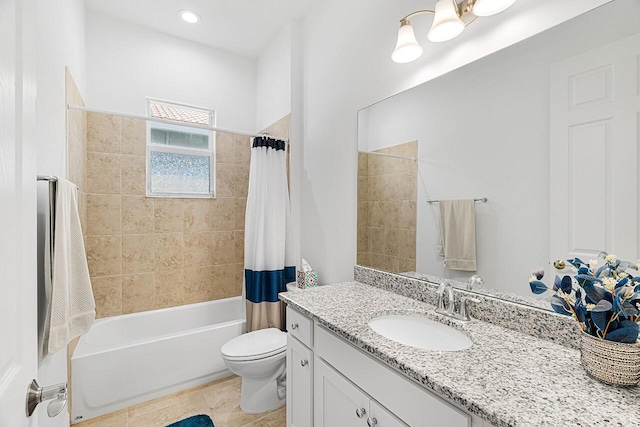 full bathroom with vanity, shower / bathtub combination with curtain, tile patterned floors, and toilet