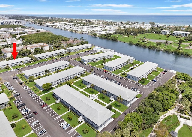 aerial view featuring a water view