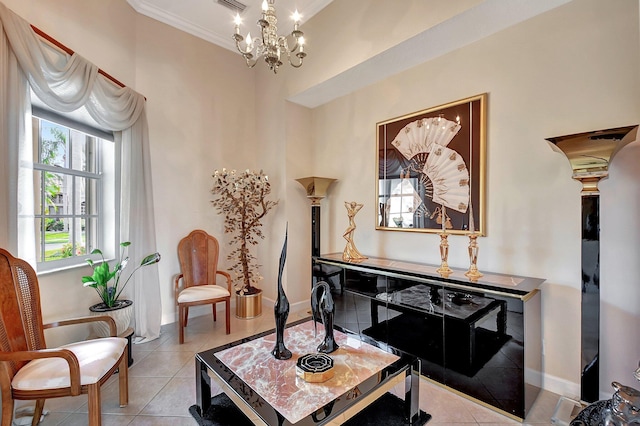 living area featuring ornamental molding, light tile patterned floors, and a notable chandelier