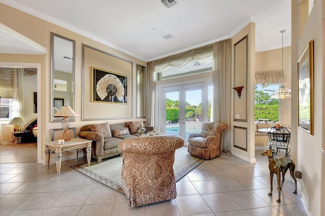 living area featuring crown molding, light tile patterned flooring, and french doors