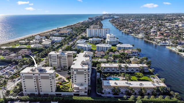 aerial view featuring a water view