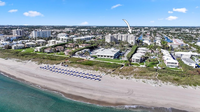 aerial view featuring a beach view and a water view