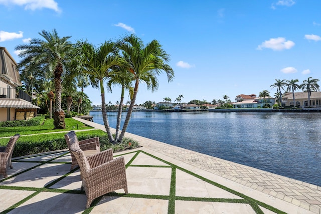 view of patio featuring a water view