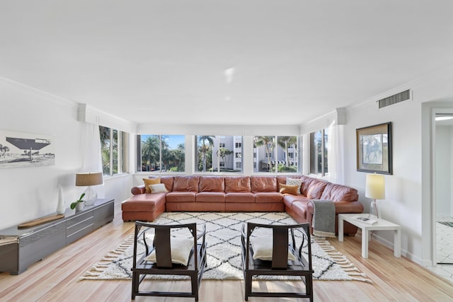 living room featuring crown molding and light hardwood / wood-style floors