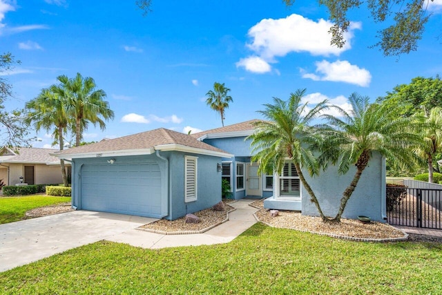 ranch-style house with a garage and a front lawn