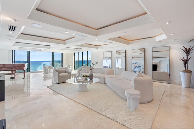 living room with beamed ceiling, expansive windows, ornamental molding, coffered ceiling, and a water view