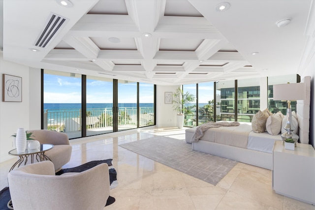 bedroom featuring floor to ceiling windows, a water view, access to outside, and beam ceiling