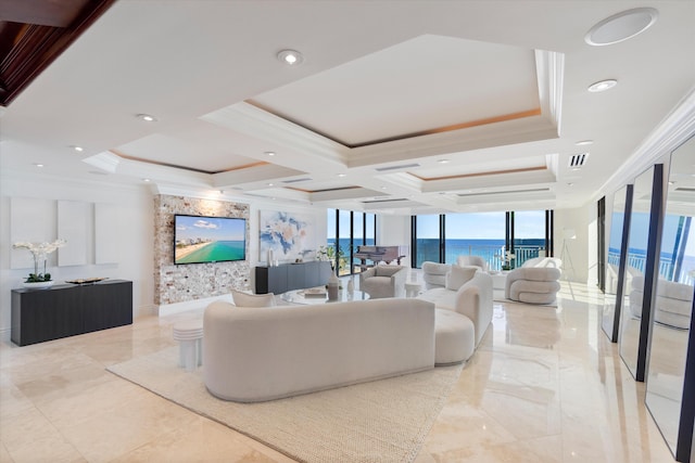 living room featuring a wall of windows, ornamental molding, and coffered ceiling