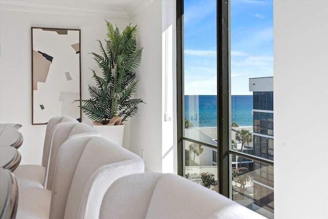 dining space featuring crown molding, a water view, and a healthy amount of sunlight