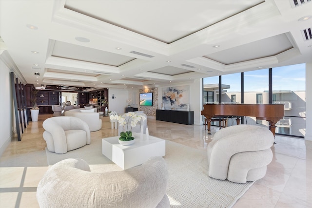 living room with beamed ceiling, crown molding, coffered ceiling, and a wall of windows